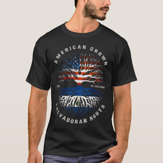 American Grown Salvadoran Roots El Salvador Flag T-Shirt (Front)