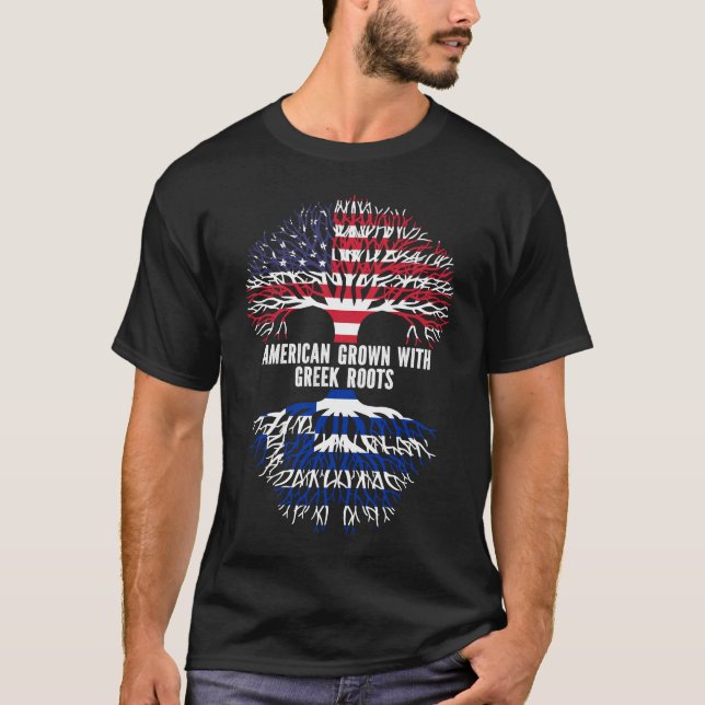 American Grown with Greek Roots USA Flag T-Shirt (Front)