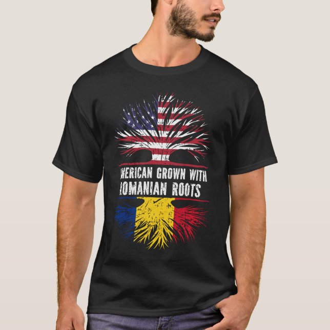 American Grown with Romanian Roots USA Flag T-Shirt (Front)