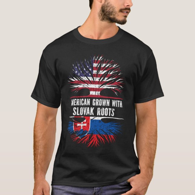 American Grown with Slovak Roots USA Flag T-Shirt (Front)