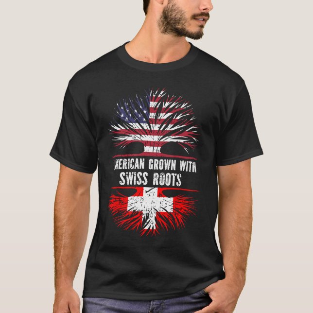 American Grown with Swiss Roots USA Flag T-Shirt (Front)