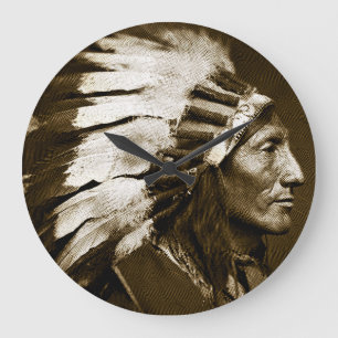 American Indian Chief (Sepia) Large Clock