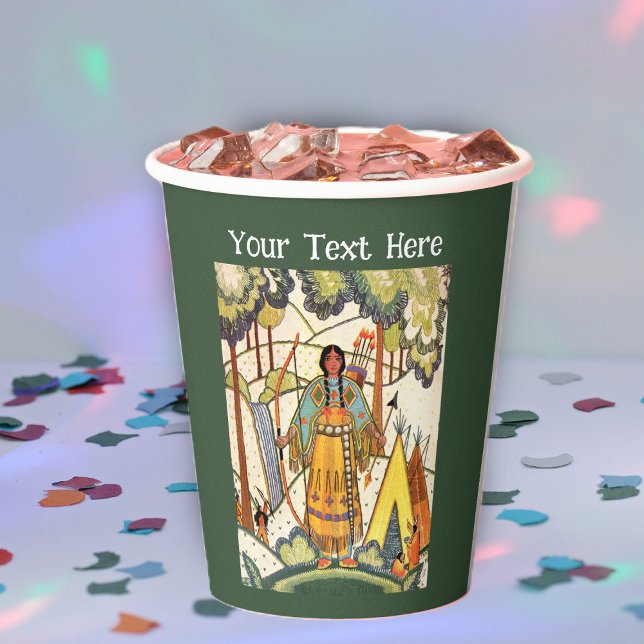American Indian Embroidered Texture Forest Green Paper Cups (American Indian female in forest by tepee trees on dark green paper party cup.)