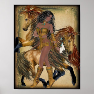 American Indian Princess and Horses Poster