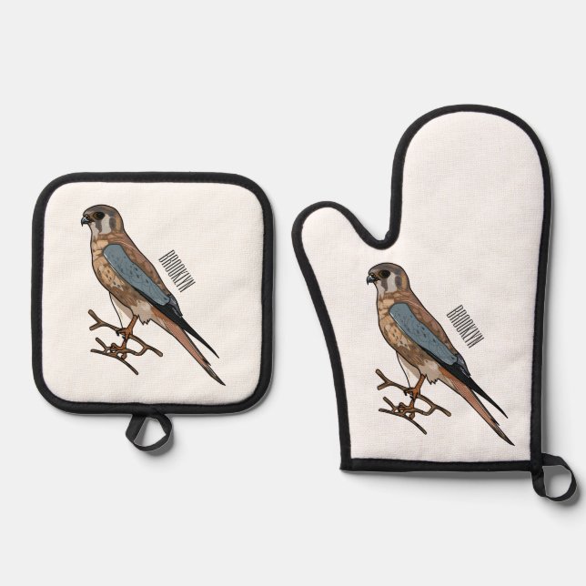 American kestrel bird cartoon illustration  oven mitt & pot holder set (Front)