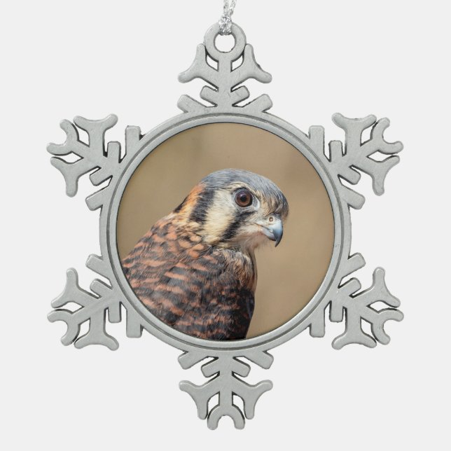 American Kestrel Snowflake Pewter Christmas Ornament (Front)