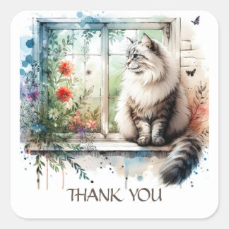 American Longhair Cat in Window Summer Flowers Square Sticker