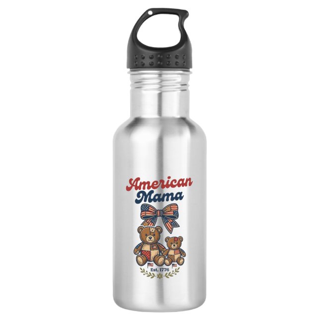 American Mama Patriotic Bear Patchwork Vector Desi 532 Ml Water Bottle (Front)