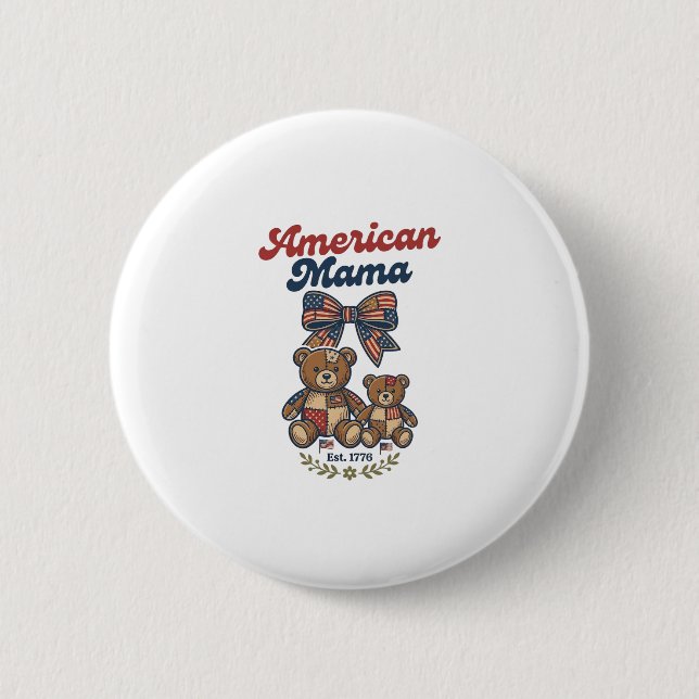 American Mama Patriotic Bear Patchwork Vector Desi 6 Cm Round Badge (Front)