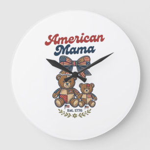 American Mama Patriotic Bear Patchwork Vector Desi Large Clock