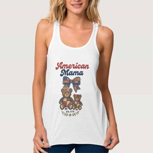 American Mama Patriotic Bear Patchwork Vector Desi Singlet (Front)
