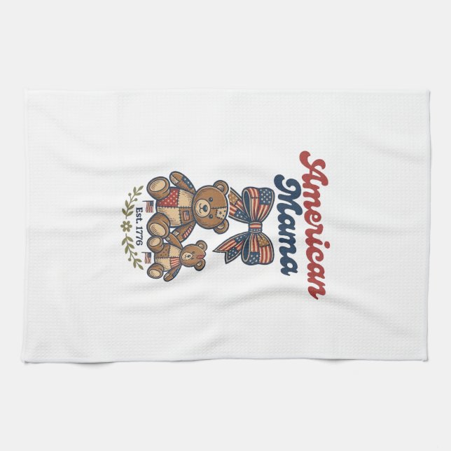 American Mama Patriotic Bear Patchwork Vector Desi Tea Towel (Horizontal)