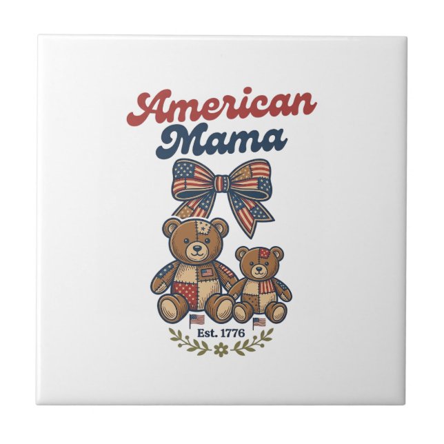 American Mama Patriotic Bear Patchwork Vector Desi Tile (Front)