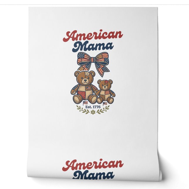 American Mama Patriotic Bear Patchwork Vector Desi Wallpaper (Unrolling)