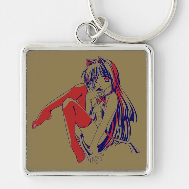 American Manga Neko Catgirl Kawaii Anime Key Ring (Front)
