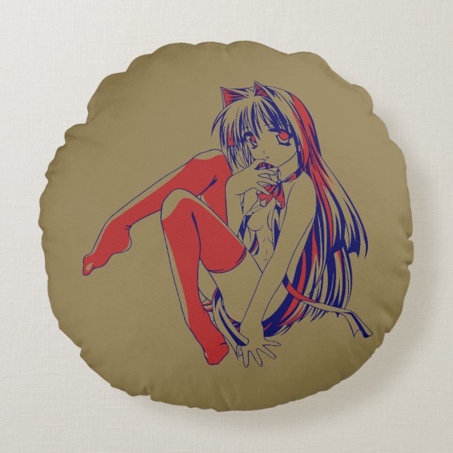 American Manga Neko Catgirl Kawaii Anime Round Cushion (Front)