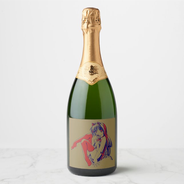 American Manga Neko Catgirl Kawaii Anime Sparkling Wine Label (Front)