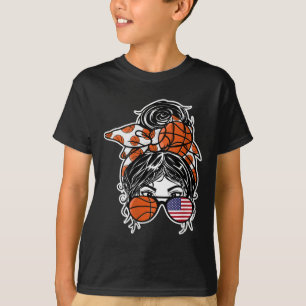 American Messy Bun Hair Girl Usa Flag Sketll Fans T-Shirt