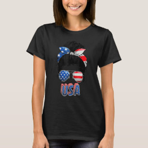 American Mom Life Messy Bun Women 4th Of July Girl T-Shirt