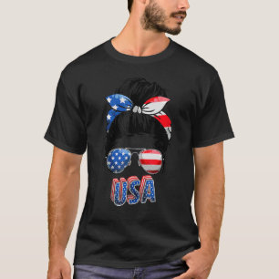 American Mom Life Messy Bun Women 4th Of July Girl T-Shirt