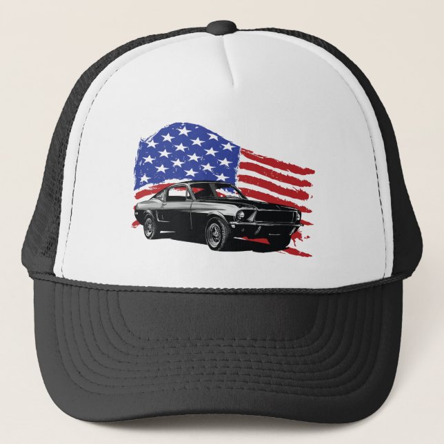 American Muscle Car With Flying American Flag Trucker Hat (Front)