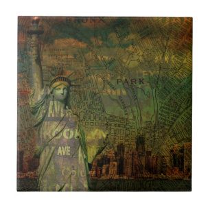 American New York Map Statue Of Liberty Tile