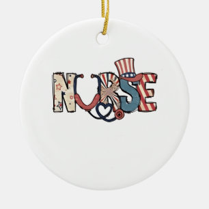 American Nurse 4th of July Patriotic USA Flag Nurs Ceramic Tree Decoration