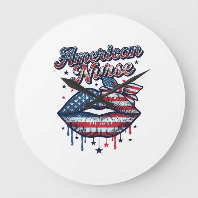 American Nurse Patriotic Lips Vector Shirt Design_ Large Clock (Front)