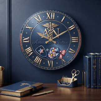 American Nurse Patriotic Medical Gold and Blue Large Clock