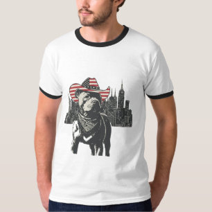 American Patriot Pitbull Cowboy - NYC Skyline Vint T-Shirt