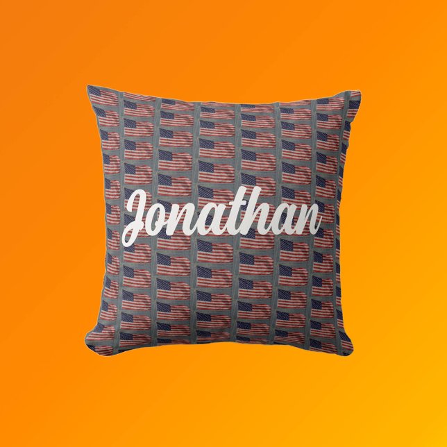 American Patriotic Flag Art Your Name White Text Cushion (Front with Background)