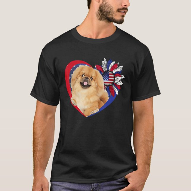 American Pekingese Dog Heart 4th Of July USA Flag  T-Shirt (Front)