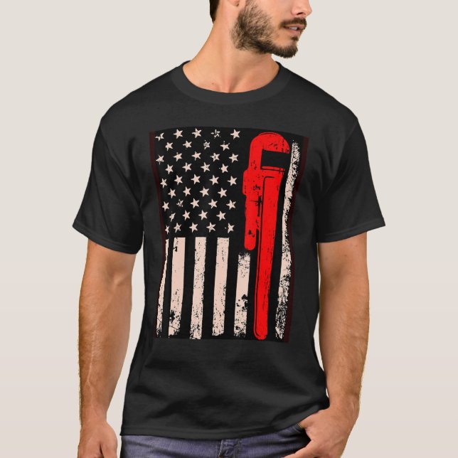 American Plumber Flag Patriotic Plumbing Wrench Pi T-Shirt (Front)