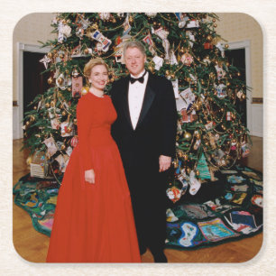 American President Bill Clinton Christmas Card Square Paper Coaster