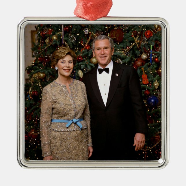 American President George Bush Christmas Card Metal Tree Decoration (Front)