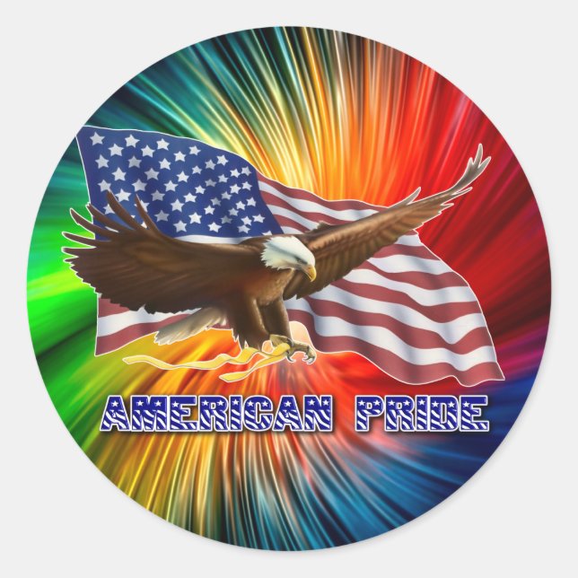 AMERICAN PRIDE EAGLE AND FLAG CLASSIC ROUND STICKER (Front)