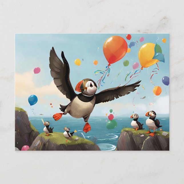 American puffins cliff water balloons  postcard (Front)