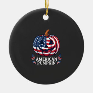 American Pumpkin Halloween Usa Flag Stars Stripes Ceramic Tree Decoration