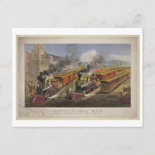 American Railroad Scene, 1874, Currier & Ives Postcard (Front)