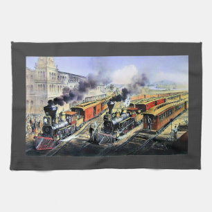 American railroad steam engine trains tea towel