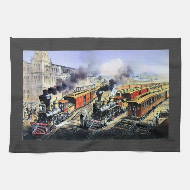 American railroad steam engine trains tea towel (Horizontal)