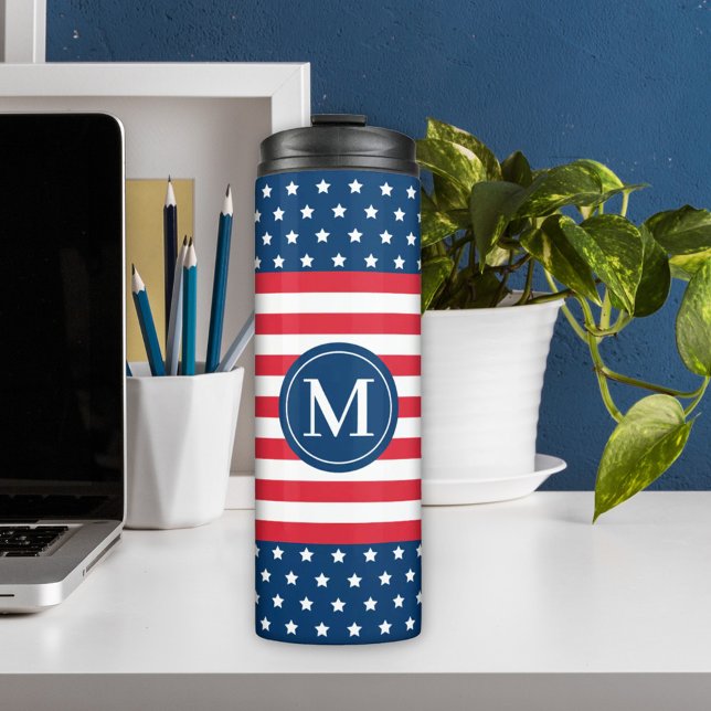 American Red White Blue Patriotic Monogram Initial Thermal Tumbler (Creator Uploaded)