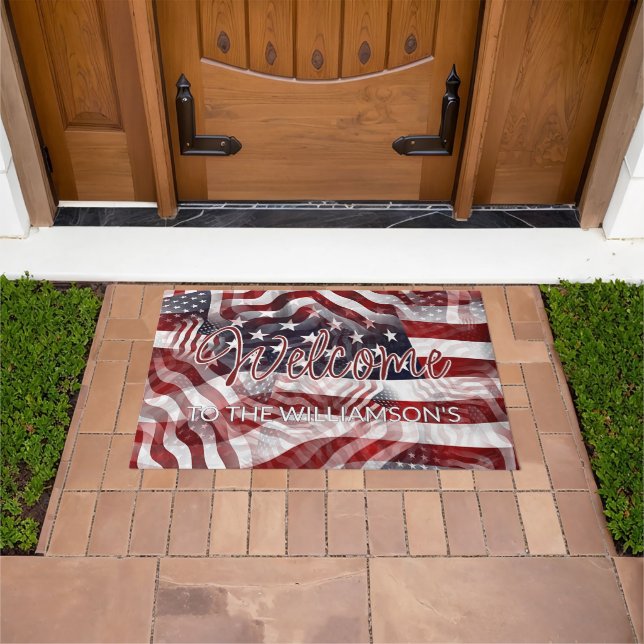 American Red White Blue Stripes Stars Flag Welcome Doormat (Outdoor)
