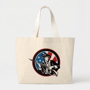 American revolutionary soldier with rifle flag large tote bag