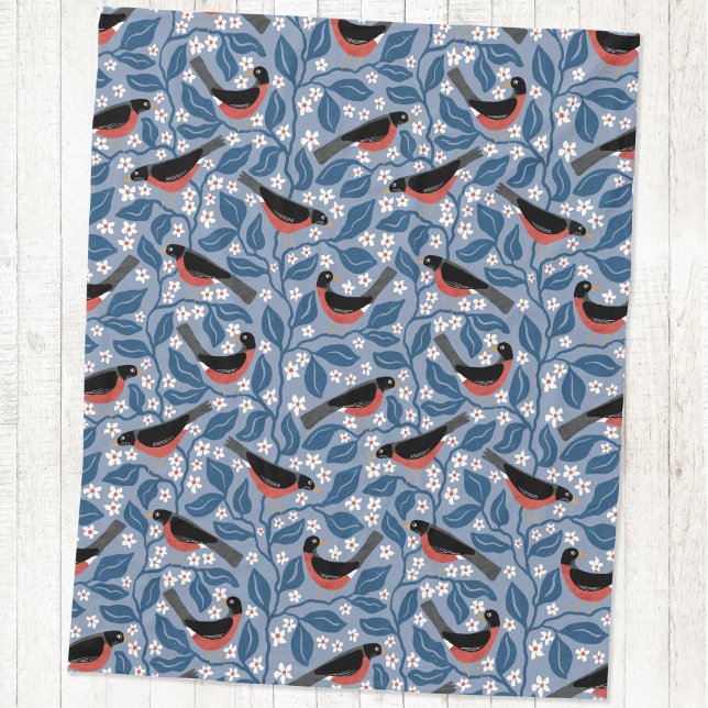 American Robin Apple Blossom Bird Flower Fleece Blanket (American robin redbreast apple blossom bird flower arts and crafts style block print fleece blanket)