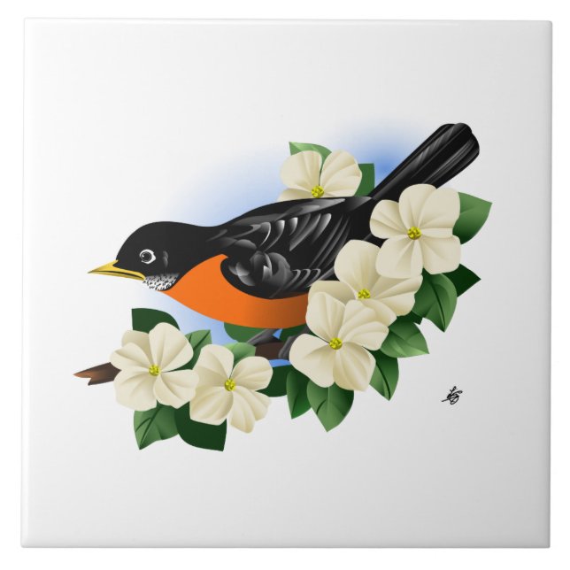 American Robin Bird and Dogwood Art Tile (Front)