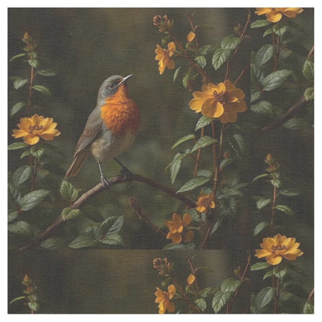 American Robin Bird  in a garden  Fabric (Close Up)