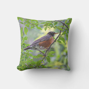 American Robin Bird in Tree Green Leaves Cushion