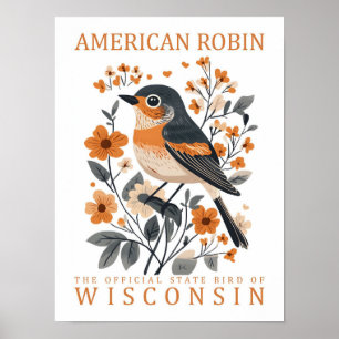 American Robin Bird of Wisconsin Travel Poster