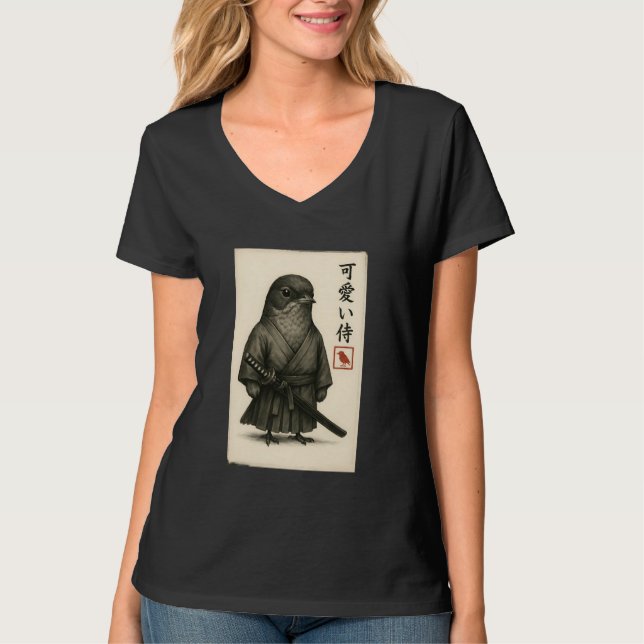 American Robin Samurai Ink Art Sumi-e Style Novelt T-Shirt (Front)